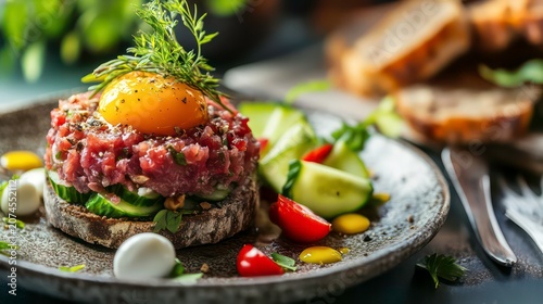 Gourmet beef tartar with egg yolk and cucumber served on a rustic plate accompanied by farmhouse bread and fresh vegetables