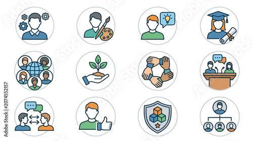 Diverse Professional User Avatars Collection with Community Engagement and Team Collaboration Symbols in Modern Flat Design Style for Digital Platforms and Social Media Branding