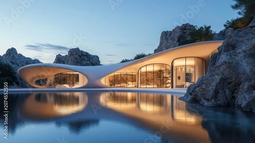 Modern architecture with an arched roof, natural rock formations, a reflective water surface, futuristic design elements, a minimalist structure, a white stone exterior, golden hour lighting