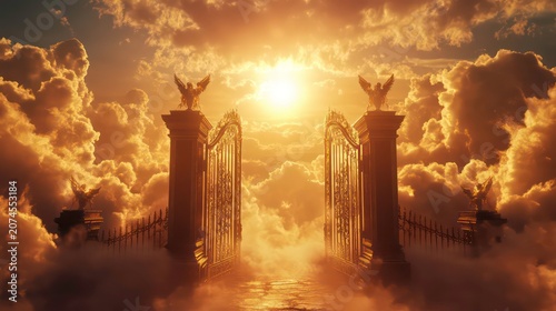 Heavenly gates with clouds and sun in the background, a heaven gate concept