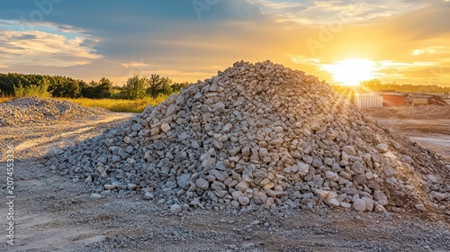Gravel pile at sunset following a building demolition showcasing urban construction and landscape transformation