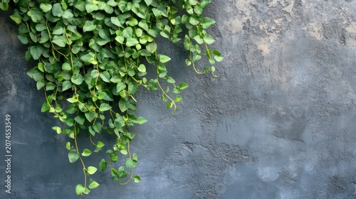 Lush Green Creeper Plant Cascading Against a Textured Gray Wall for Interior Decor Inspiration