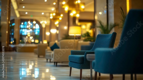 Luxury hotel lobby features warm lighting, comfy furniture. Empty lounge area with teal armchairs, beige sofas create relaxing ambiance. Modern design, subtle lighting, spacious feel. Blurred bokeh
