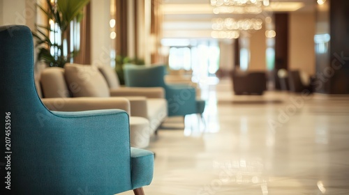 Luxury hotel lobby features warm lighting, comfy furniture. Empty lounge area with teal armchairs, beige sofas create relaxing ambiance. Modern design, subtle lighting, spacious feel. Blurred bokeh