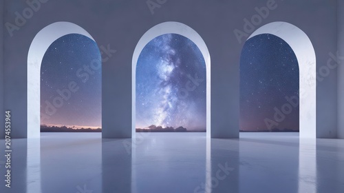 Minimalist white room with three arched doorways looking out onto a starry night sky.