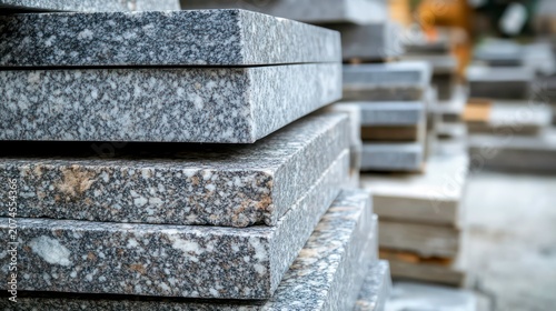 Granite slabs stacked for construction paving sidewalks and building finishes showcasing texture and durability in architectural materials