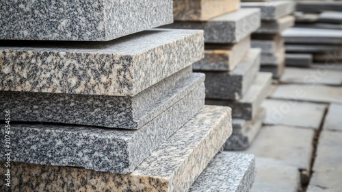 Granite slabs stacked for construction paving sidewalks and building finishes showcasing texture and durability in architectural materials