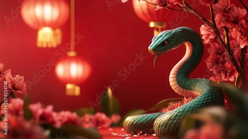 green snake, red background, lanterns and flowers, Chinese new year concept