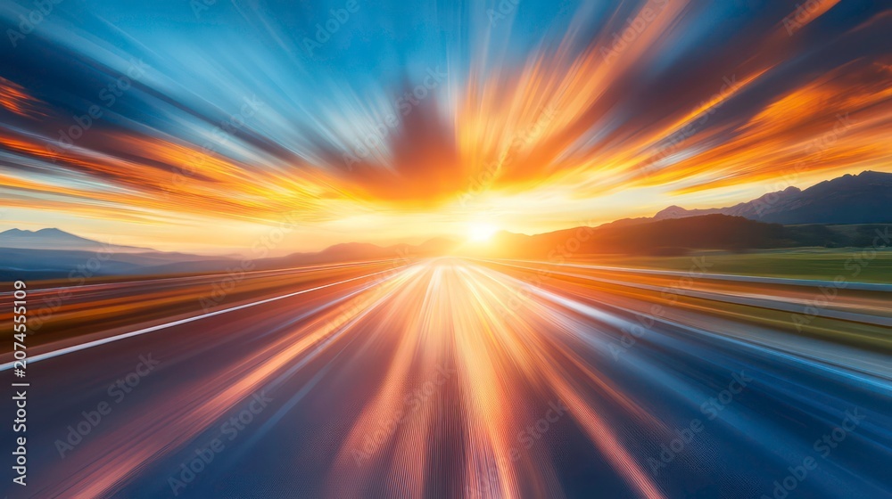 Naklejka premium High-speed road with motion blur, beautiful sunset, and mountains in the background