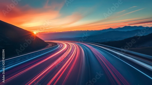 High-speed road with motion blur, beautiful sunset, and mountains in the background