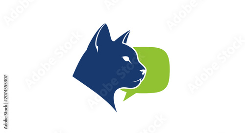 Blue cat head silhouette with green speech bubble.