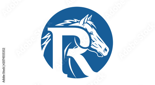 Blue circular horse head logo with letter R monogram.