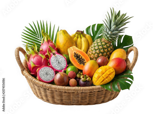 Fresh Exotic Tropical Fruit Basket with Pineapple, Dragon Fruit, Papaya, Mango, Banana and Passion Fruit Isolated PNG on Transparent Background