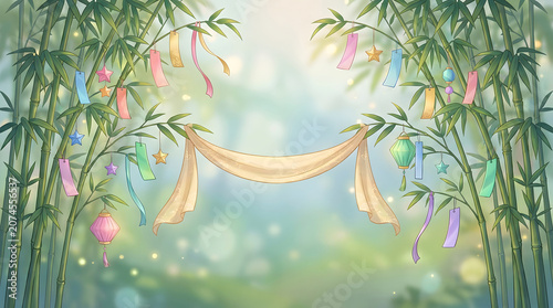 Japanese Tanabata Festival Bamboo Archway, Star Lanterns, Colorful Wishes, Summer Celebration, Soft Bokeh Background, Elegant Decor
