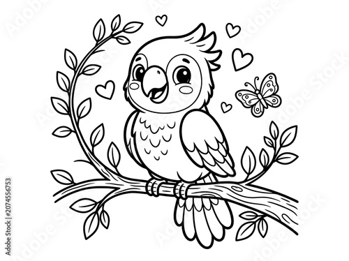 Cute cartoon parrot sitting on tree branch with butterfly and hearts around
