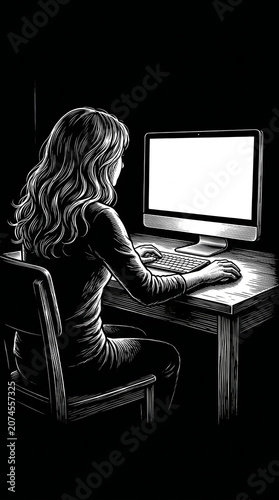 woman working on computer, typing on keyboard, sitting at desk, office worker, business professional