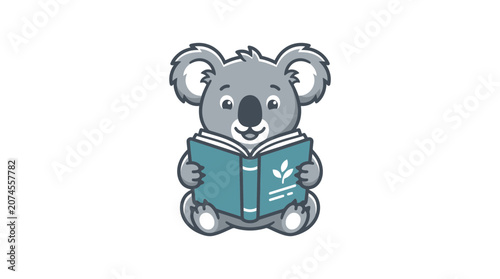 Cute cartoon koala reading a book, isolated on white background, educational concept