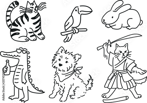 Cute Hand Drawn Animal Doodle Collection Black Outline Vector Set