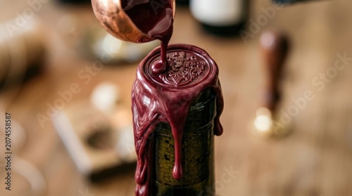 Wax Seal Being Applied in Macro Close-Up with Ornamental Imprint, Molten Red-Brown Wax Dripping From a Stamp