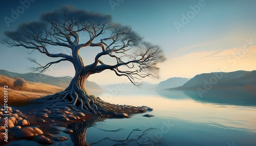 Stark Bare Branched Tree With Prominent Roots Stands By A Serene Body Of Water With Distant Hills
