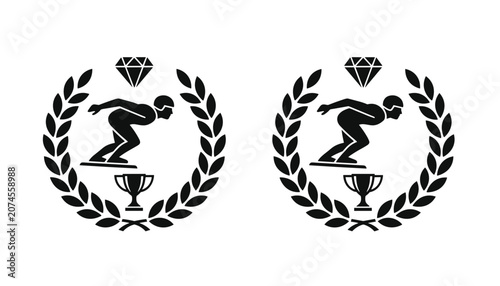 Two identical black icons of a speed skater in a wreath with a diamond and a trophy, symbolizing achievement, sports, and victory.
