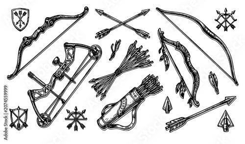 Foto Vintage Bow and Arrow Sketch Vector Collection with Elegant Extruded Line Art De