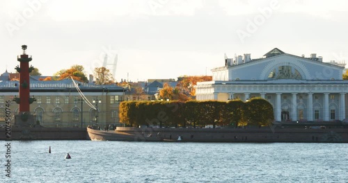 Russia, St.Petersburg, Old stock exchange building, pleasure boats in the Neva River at sunset, the drawbridge Palace, the cabinet of curiosities Museum, Rostral columns, shipyards