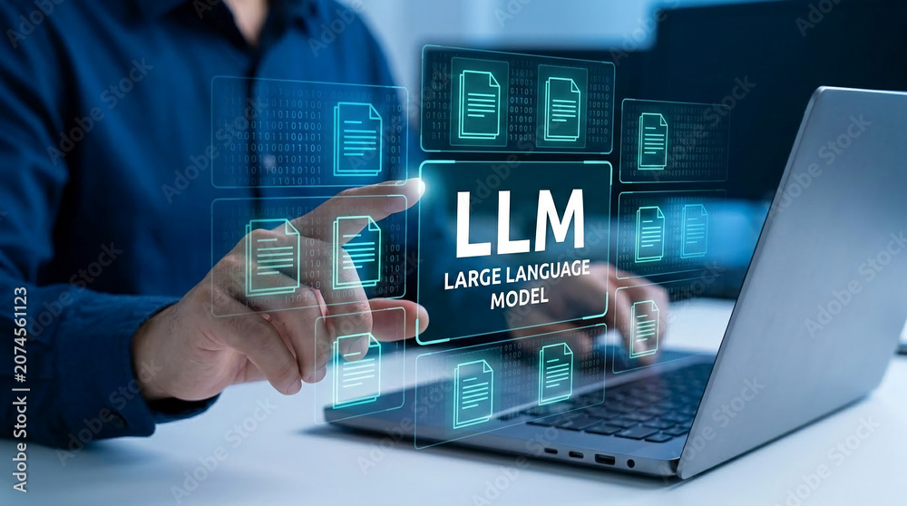 Fototapeta premium Digital interface showcasing LLM, Large Language Model, with file icons and binary code, representing AI and data processing