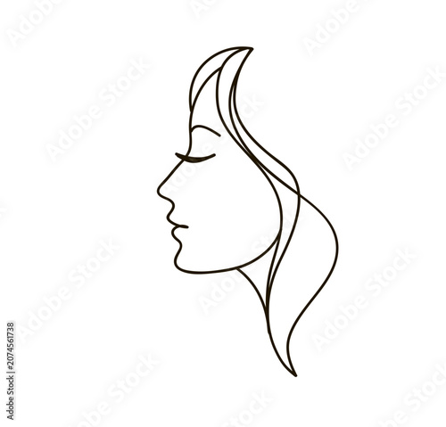 Woman profile with long hair. Portrait female beauty concept. Continuous line drawing vector illustration