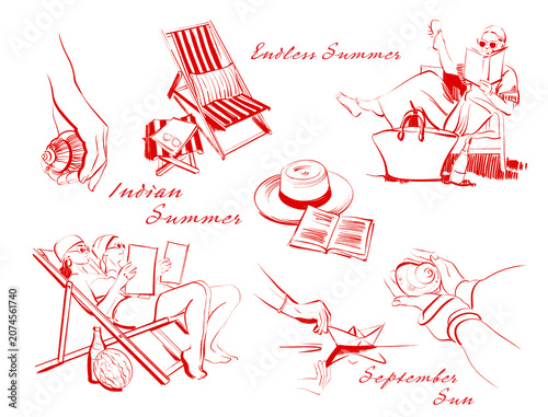Photography Hand-drawn Indian summer weekend escape women relaxing in deckchair line art sketch set