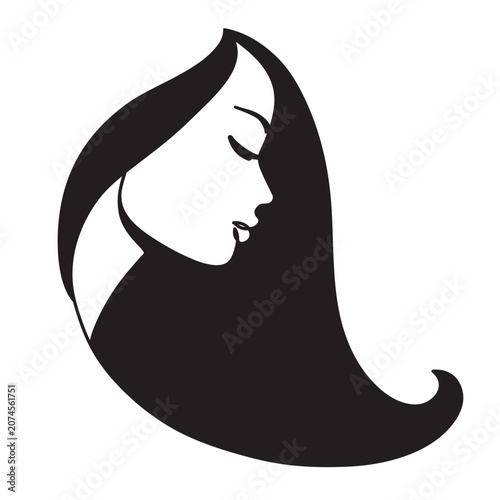 Woman profile with long hair. Portrait female beauty concept. Continuous line drawing vector illustration