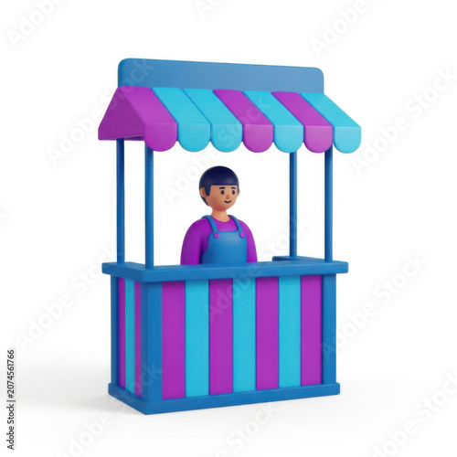 A friendly shopkeeper standing inside a colorful market stall booth with striped awning for retail and local business