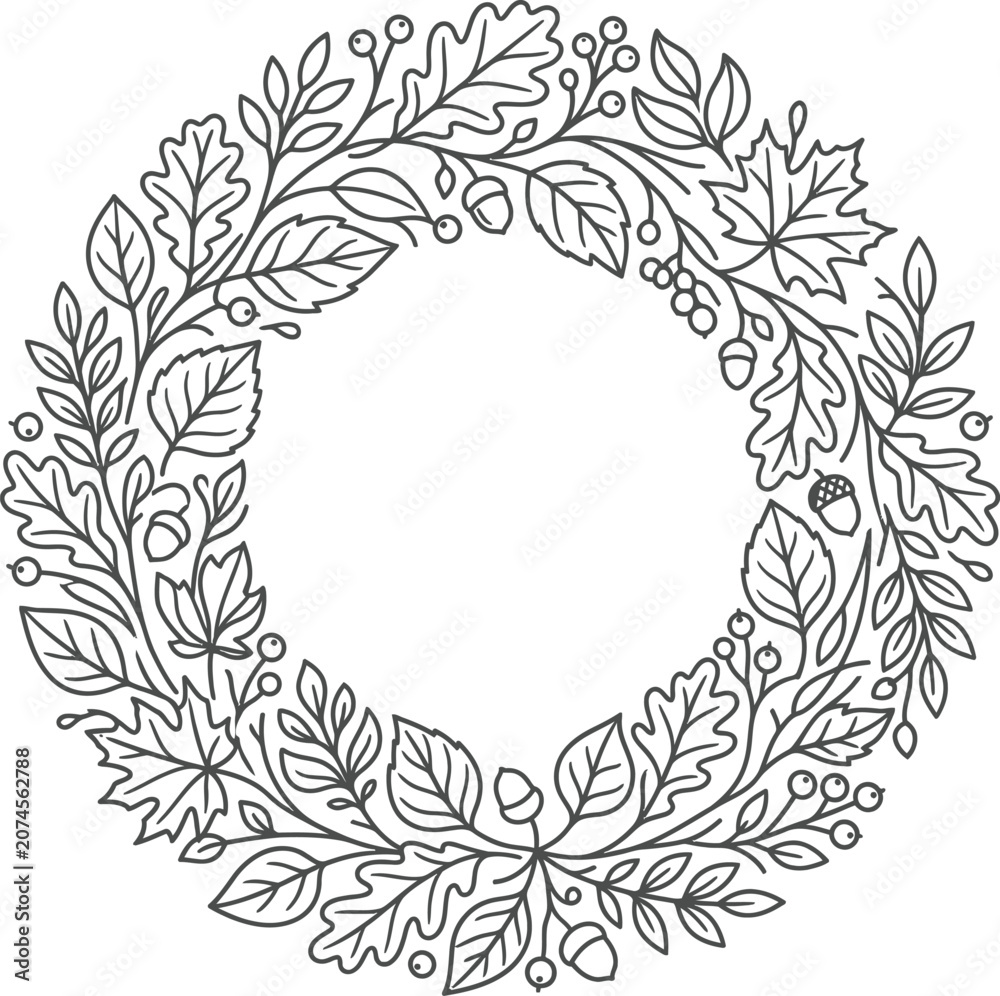 Obraz premium Autumn leaf wreath vector icon line art with monochrome minimalist isolated