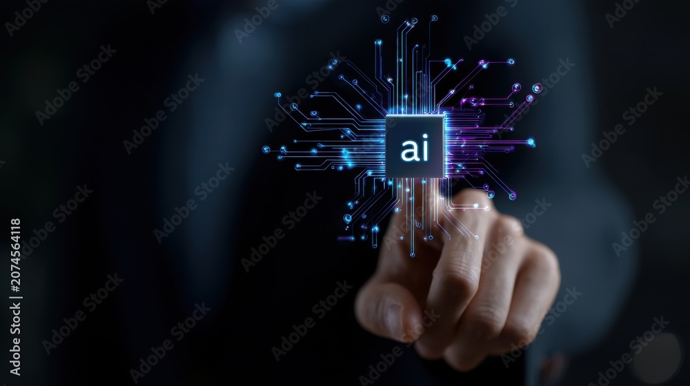 Fototapeta premium Artificial Intelligence AI concept with human finger touching digital circuit chip