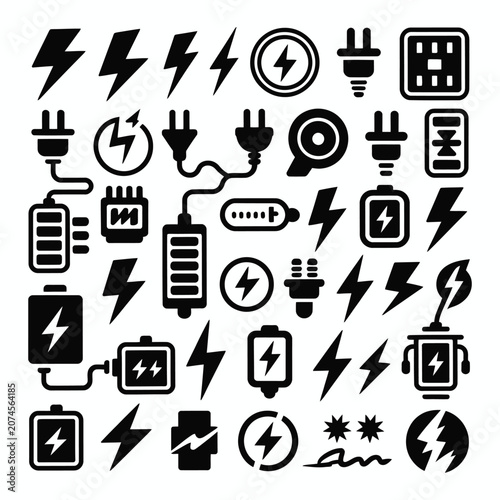  Electricity and Battery Charging Glyph Icons Set – Lightning Bolt, Plug, Power Symbols