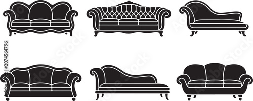 Quadro em tela Six elegant black leather sofas and chaise lounges vector illustration