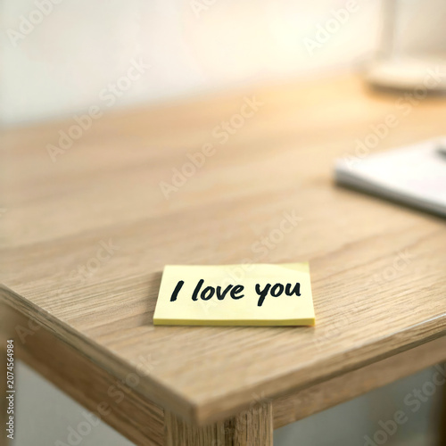 I love you written on a post-it note stuck to a wooden desk