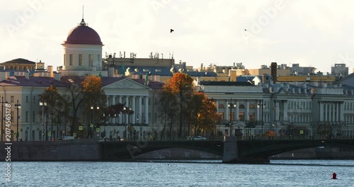Russia, St.Petersburg, Old stock exchange building, pleasure boats in the Neva River at sunset, the drawbridge Palace, the cabinet of curiosities Museum, Rostral columns, shipyards