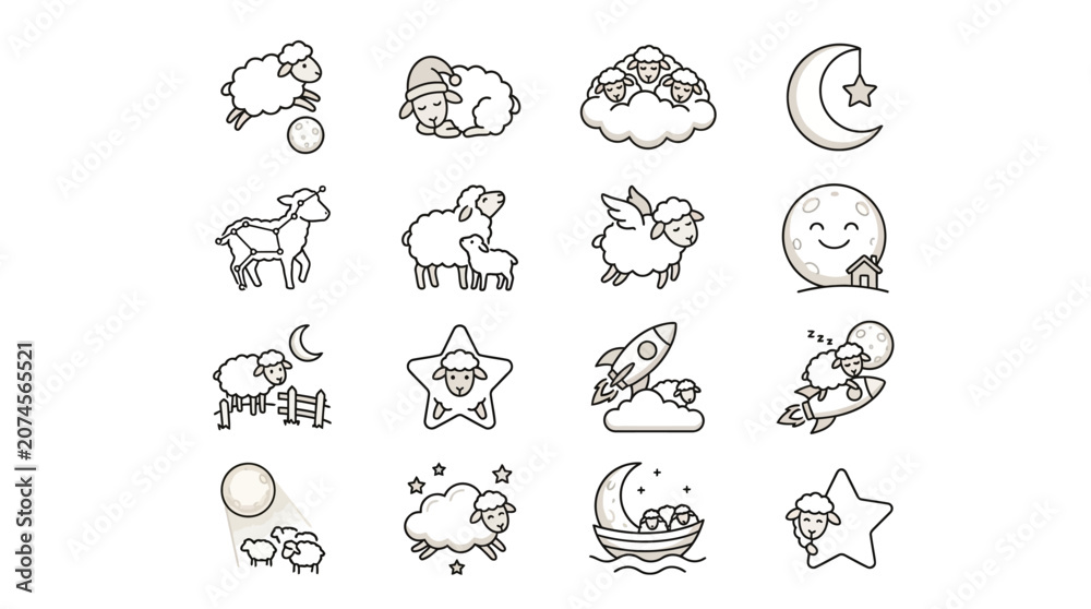 Fototapeta premium Assorted sheep icons with rockets and night symbols.