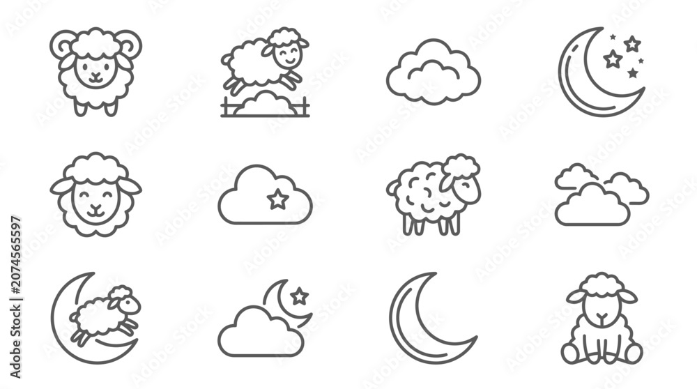 Obraz premium Bold line sheep and moon icon collection.