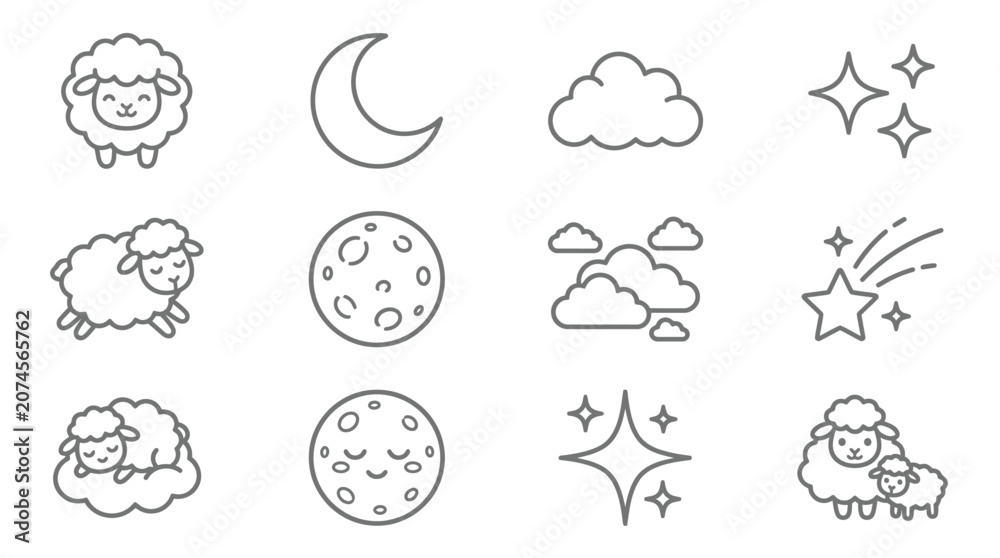 Fototapeta premium Cute sheep and moon phases outline icon set