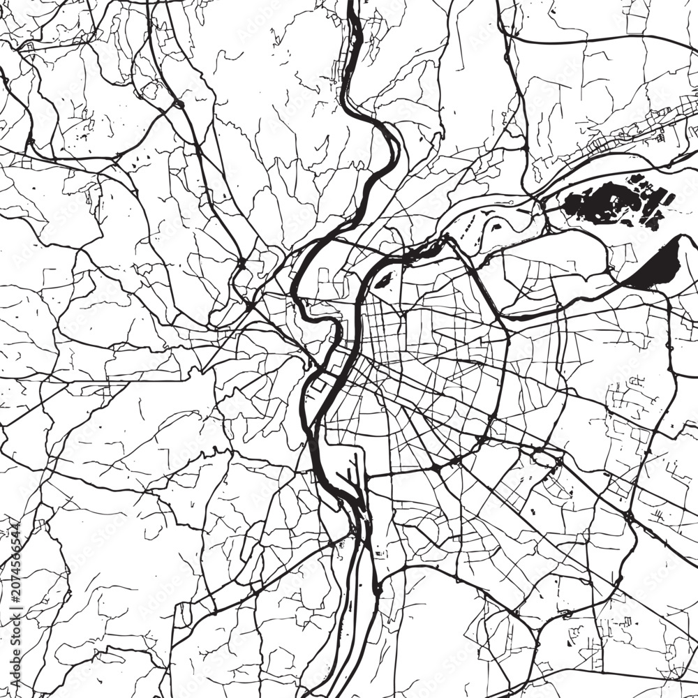 Obraz premium A detailed black line map displays streets and roads of a city with a river running through it.