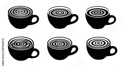 Collection of black coffee cups with swirling steam patterns symbolizing hot beverages and morning rituals isolated on white background