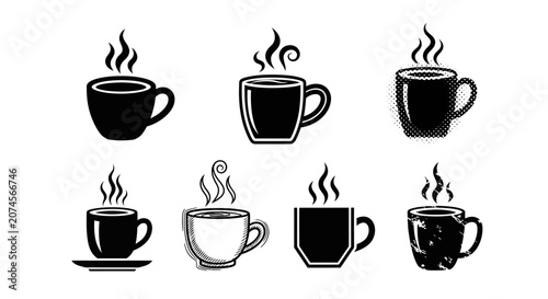Six stylized black coffee cups in various artistic renditions with rising steam for beverage and cafe branding concepts