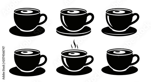 Set of six black coffee cups with saucers featuring a simple and elegant design ideal for cafes restaurants and home kitchens