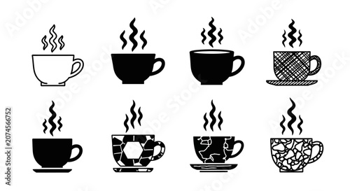 Collection of eight unique hand drawn style coffee and tea cups icons with detailed steam illustrations