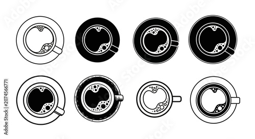 Top down perspective of eight different coffee cups showing varying levels of dark liquid foam patterns and saucer designs