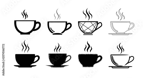 Collection of eight hot steaming coffee cups in black and white outline and filled styles with different patterns and textures
