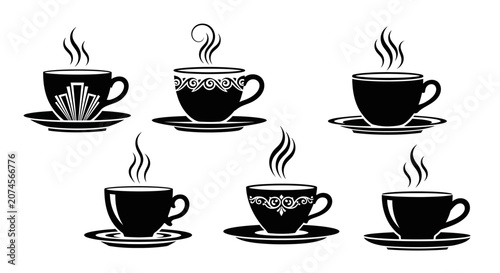 Collection of six elegant hot coffee cups with decorative patterns and saucers black and white vector illustrations
