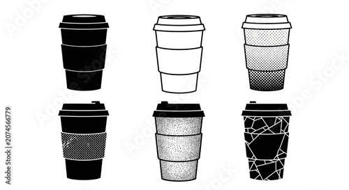 Set of six takeaway coffee cups black and white vector design with different textures including halftone dots and shattered glass